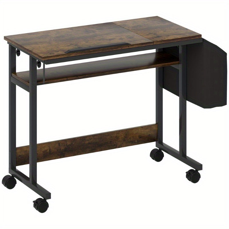 bureautafel – bureau – computertafel – werktafel – schrijftafel – verstelbare hoogte – stevig metalen frame – 92 x 40 cm – wieltjes – kantelplatform – opbergtas – rustiek bruin zwart