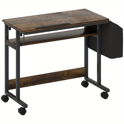 bureautafel – bureau – computertafel – werktafel – schrijftafel – verstelbare hoogte – stevig metalen frame – 92 x 40 cm – wieltjes – kantelplatform – opbergtas – rustiek bruin zwart