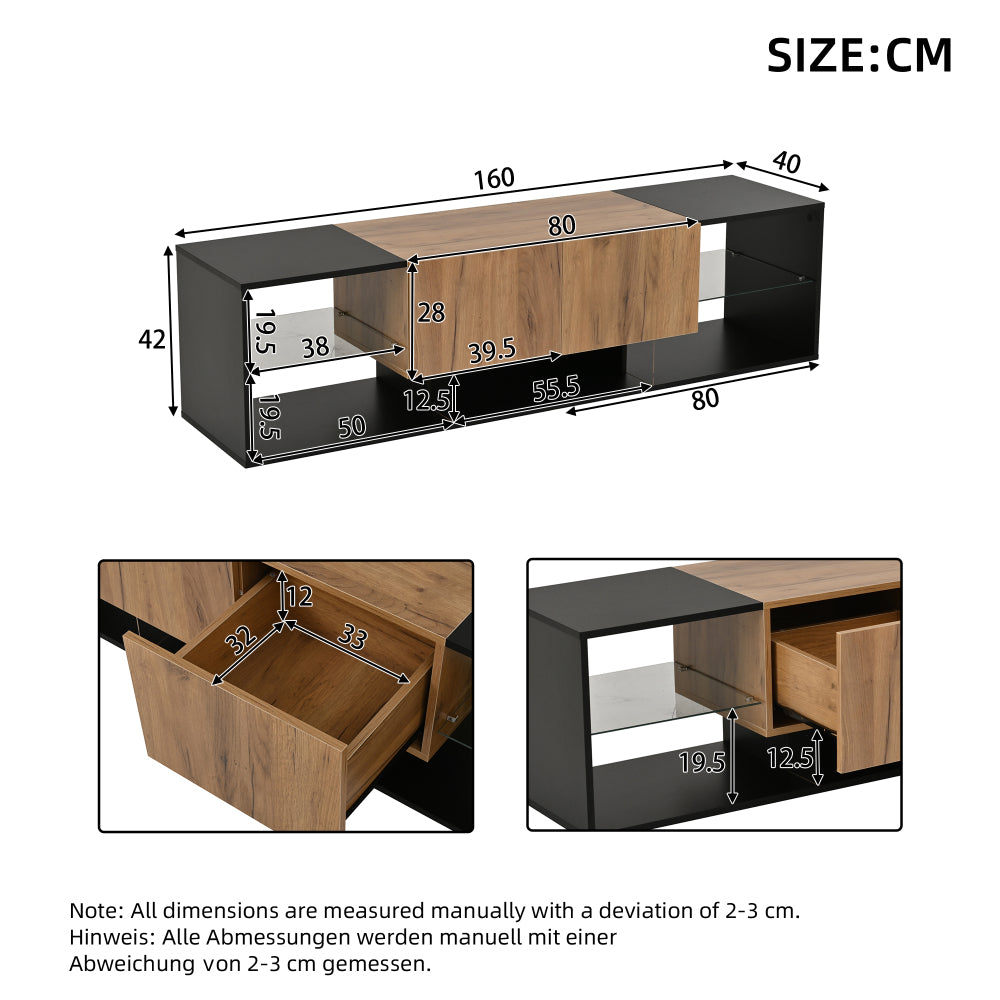 Three-tier TV Stand | Suitable for TVs up to 177.8 cm, Modern Style, Glass Top Storage Platform, Two Drawers, Ideal for Living Rooms and Bedrooms, Black, Metal Material