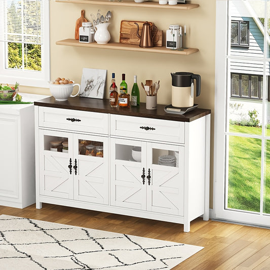 Dressoirkast – Sideboard – Opbergkast – Buffetkast – Kastenmeubel – Wit – 140 cm lang – Bamboe – Duurzaam – 4 Deuren – 2 Lades – Modern – Minimalistisch – Multifunctioneel