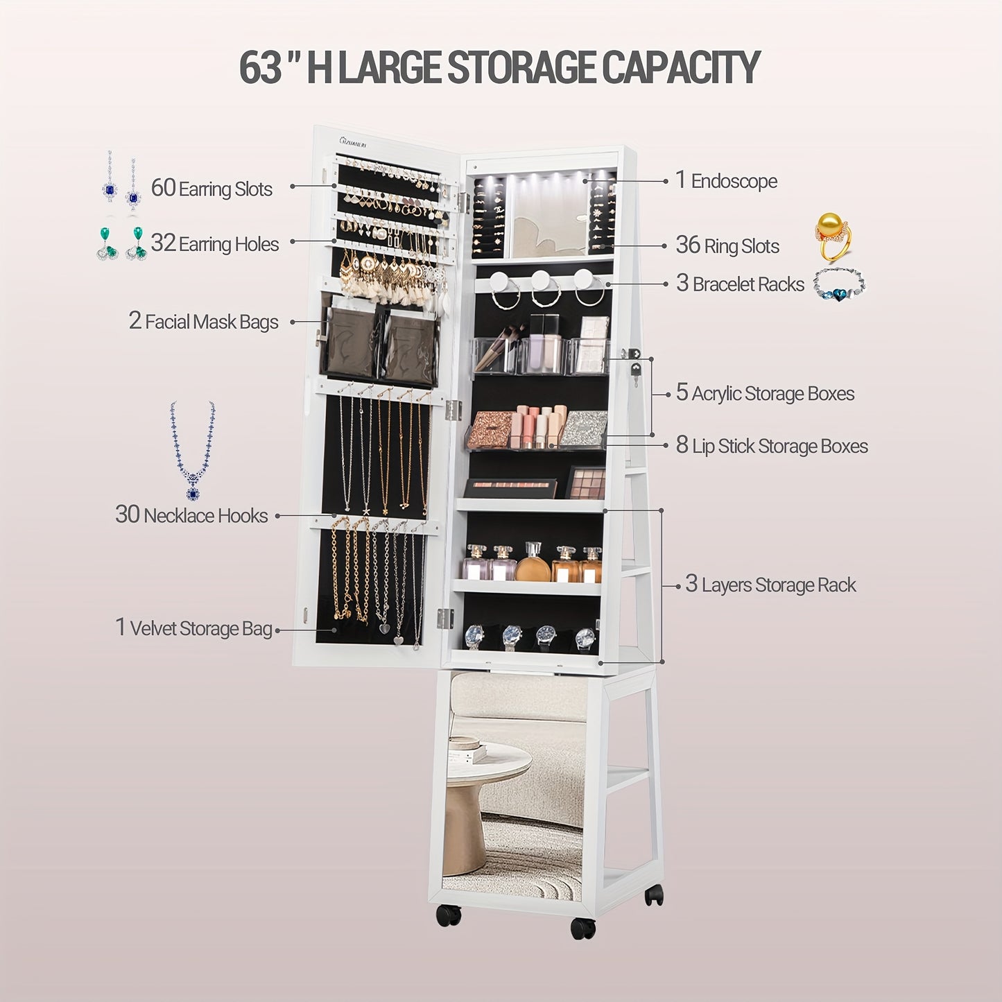6 LEDs Jewelry Cabinet, 159 Cm High Jewelry Cabinet Organizer, Lockable In Full Length Of Mirror With 4 Wheels, Large 5-animal Jewelry Storage Rack, White, Jewelry Armoires - QUORE