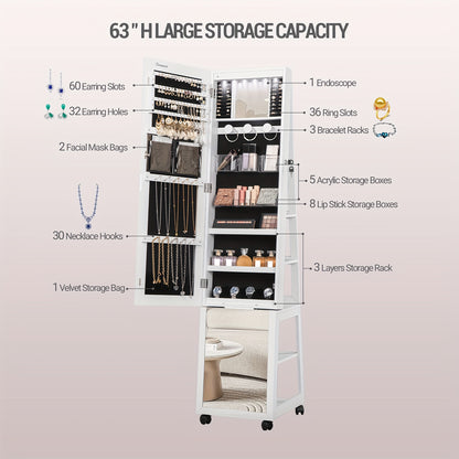 6 LEDs Jewelry Cabinet, 159 Cm High Jewelry Cabinet Organizer, Lockable In Full Length Of Mirror With 4 Wheels, Large 5-animal Jewelry Storage Rack, White, Jewelry Armoires - QUORE
