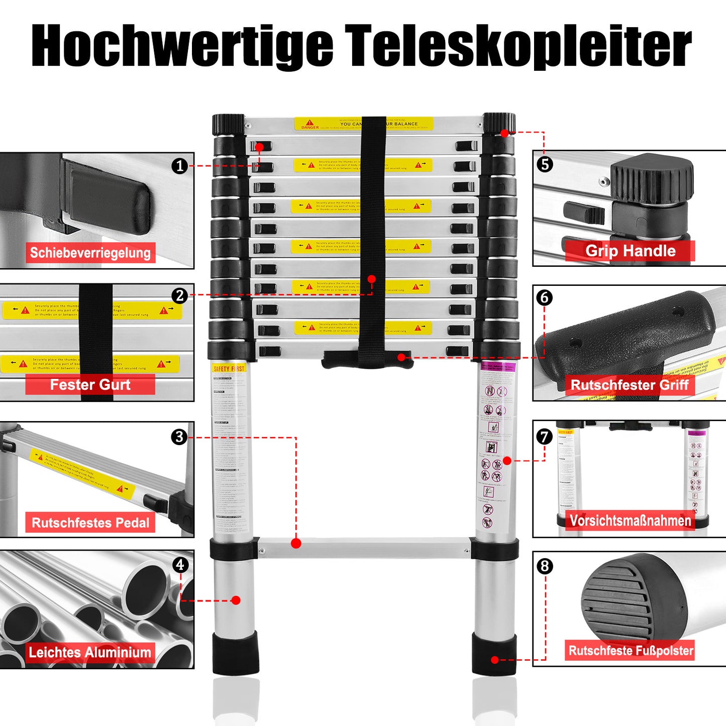 Uitklapbare Ladder – Uitschuifbare Ladder – Telescoopladder – Vouwladder – Huishoudtrap – Aluminium – 4,4 Meter – Max. Belastbaarheid 150 kg