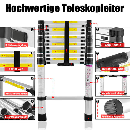 Uitklapbare Ladder – Uitschuifbare Ladder – Telescoopladder – Vouwladder – Huishoudtrap – Aluminium – 4,4 Meter – Max. Belastbaarheid 150 kg