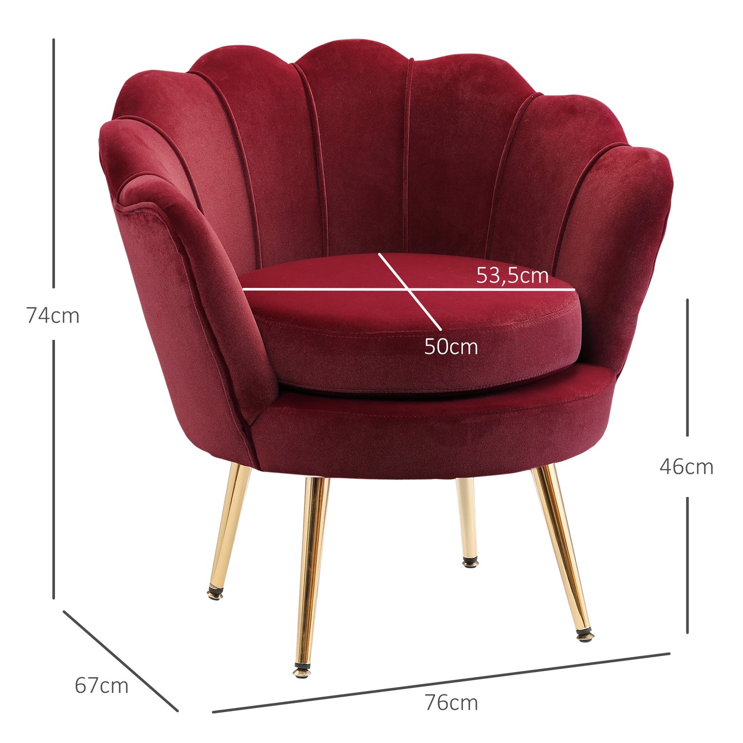 Velvet Stoel – Fauteuil – Kuipstoel – Eetkamerstoel – Armstoel – Fluwelen Bekleding – Gouden Metalen Poten – Compact 76x67x74 cm