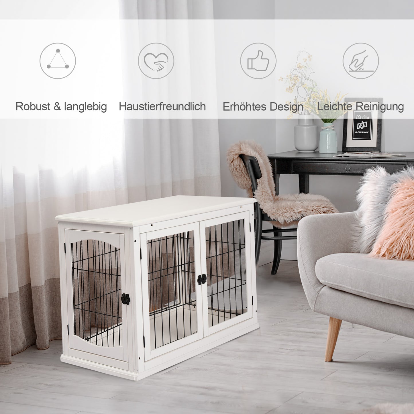Honden Transportbox – Hondenbench – Hondenkooi – Hondenmand – Dierentransportbox – MDF Hout & IJzerdraad – 58,5x81x66 cm – Wit