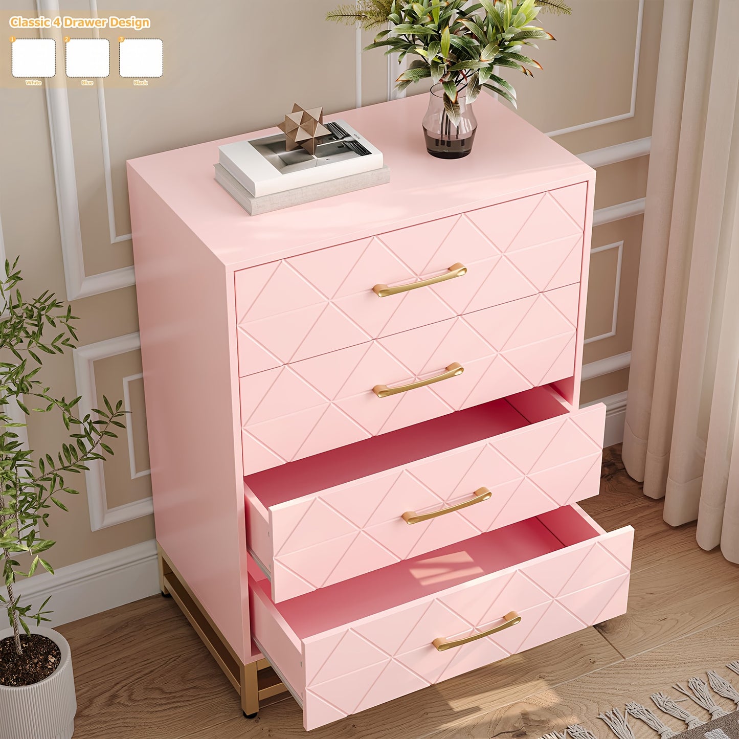 Nachtkastje – Ladekast – Bijzettafel – Opbergkast – Kast – Roze – 4 Lades – Hout – 69 cm Hoog – Gouden Handgrepen – Modern Minimalistisch Design