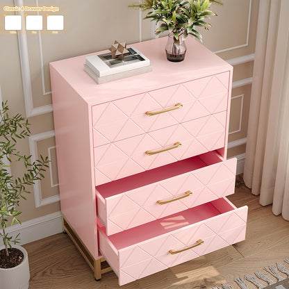 Nachtkastje – Ladekast – Bijzettafel – Opbergkast – Kast – Roze – 4 Lades – Hout – 69 cm Hoog – Gouden Handgrepen – Modern Minimalistisch Design