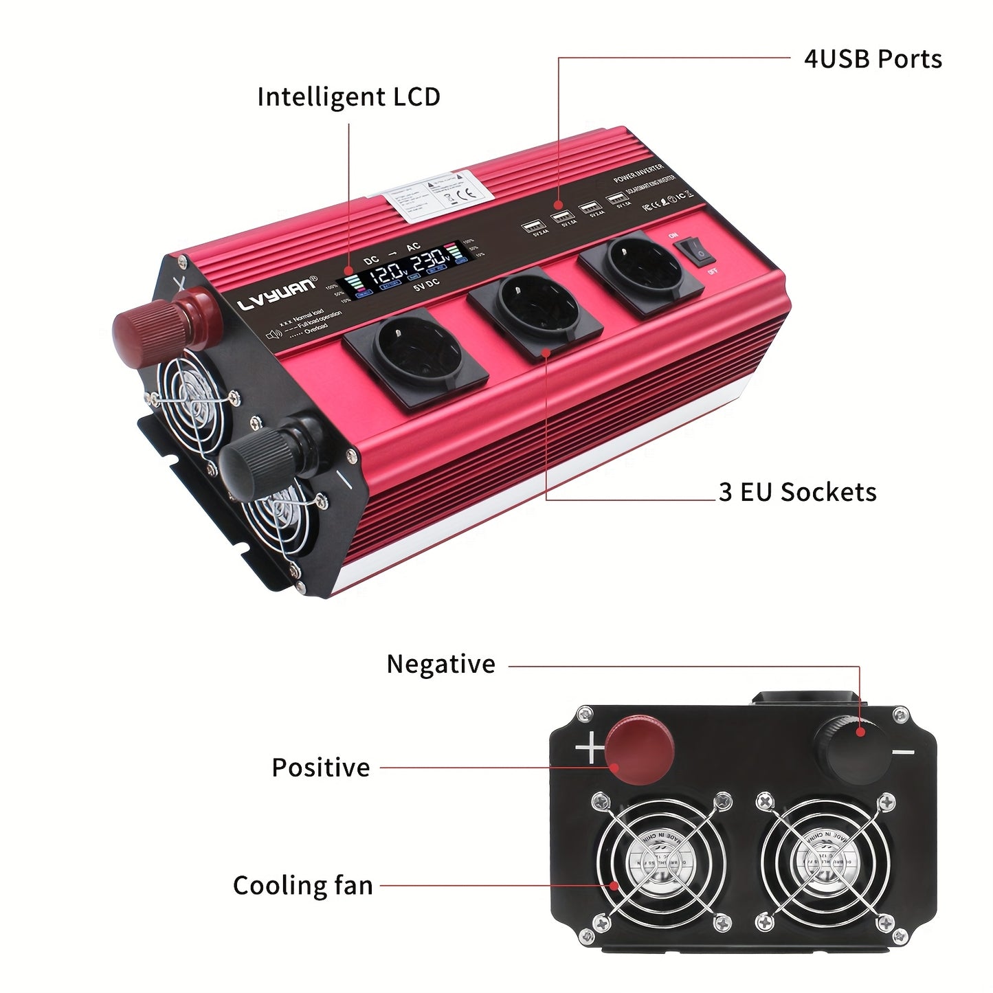Power Inverter 12V naar 230V – Spanningsomvormer – Omvormer – Converter – Stroomomvormer – 3000W Vermogen – 4 AC-uitgangen en LCD Display