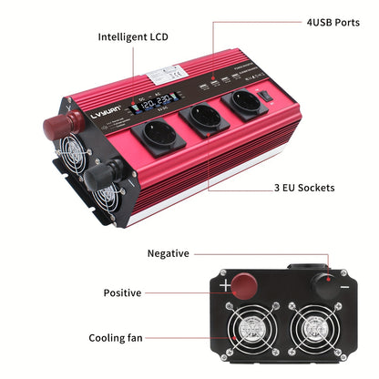 Power Inverter 12V naar 230V – Spanningsomvormer – Omvormer – Converter – Stroomomvormer – 3000W Vermogen – 4 AC-uitgangen en LCD Display