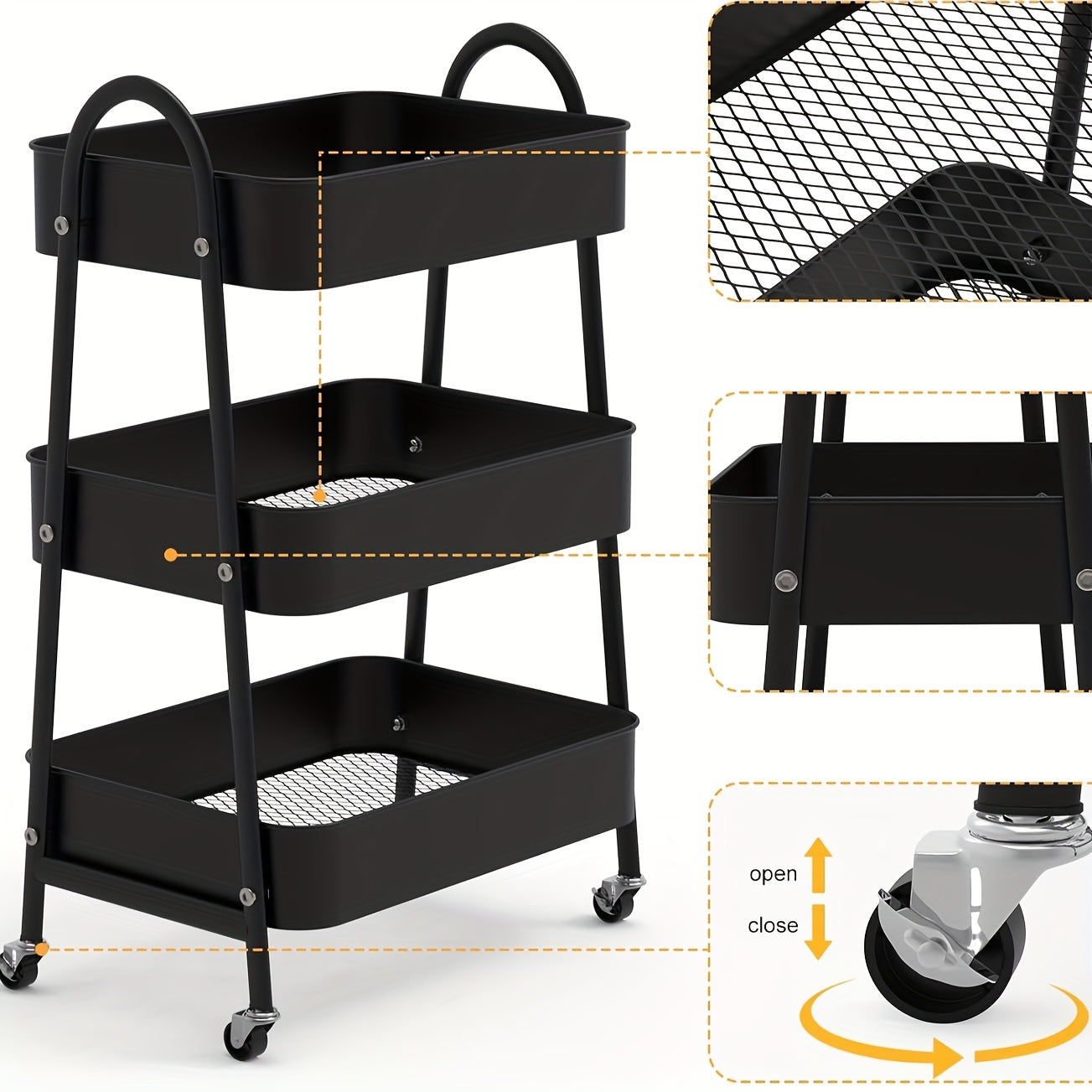 Keukentrolley – Opbergtrolley – Serveerwagen – Keukenwagen – Trolley op Wieltjes – Metaal – Compact 43x30x76,5 cm – 3 Ruime Mandjes – 360° Zwenkwieltjes