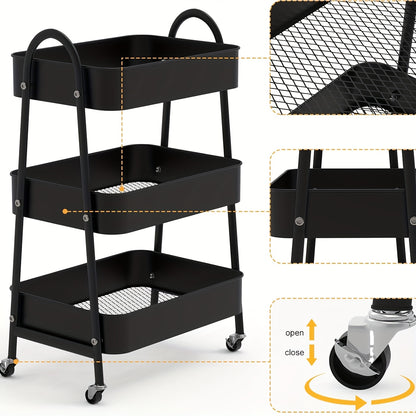 Keukentrolley – Opbergtrolley – Serveerwagen – Keukenwagen – Trolley op Wieltjes – Metaal – Compact 43x30x76,5 cm – 3 Ruime Mandjes – 360° Zwenkwieltjes
