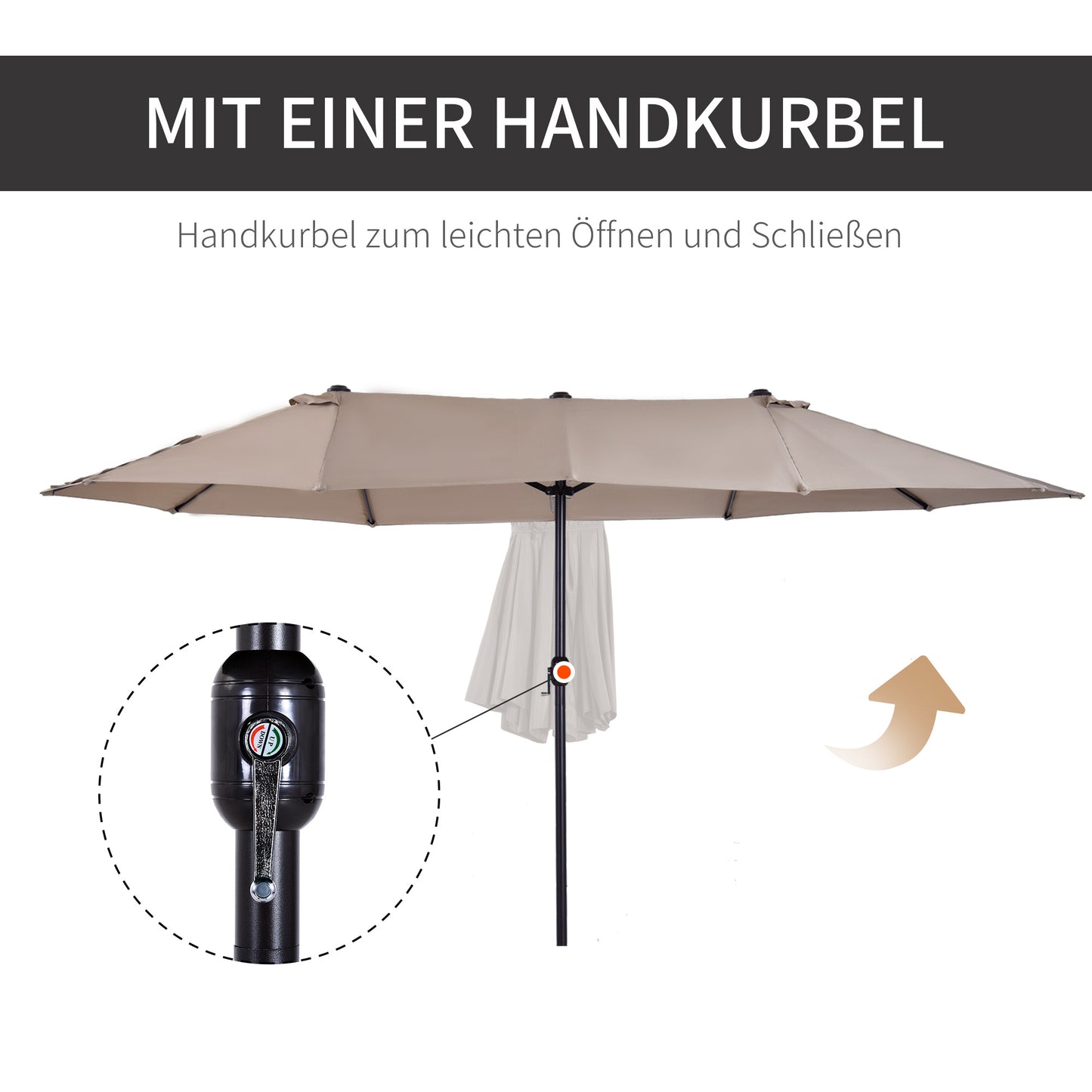 Grote Ovale Parasol – Zonnescherm – Terrasparasol – Dubbele Parasol – Marktparasol – Handzwengel – Lichtbruin Polyester – Windbestendig & XXL Schaduw