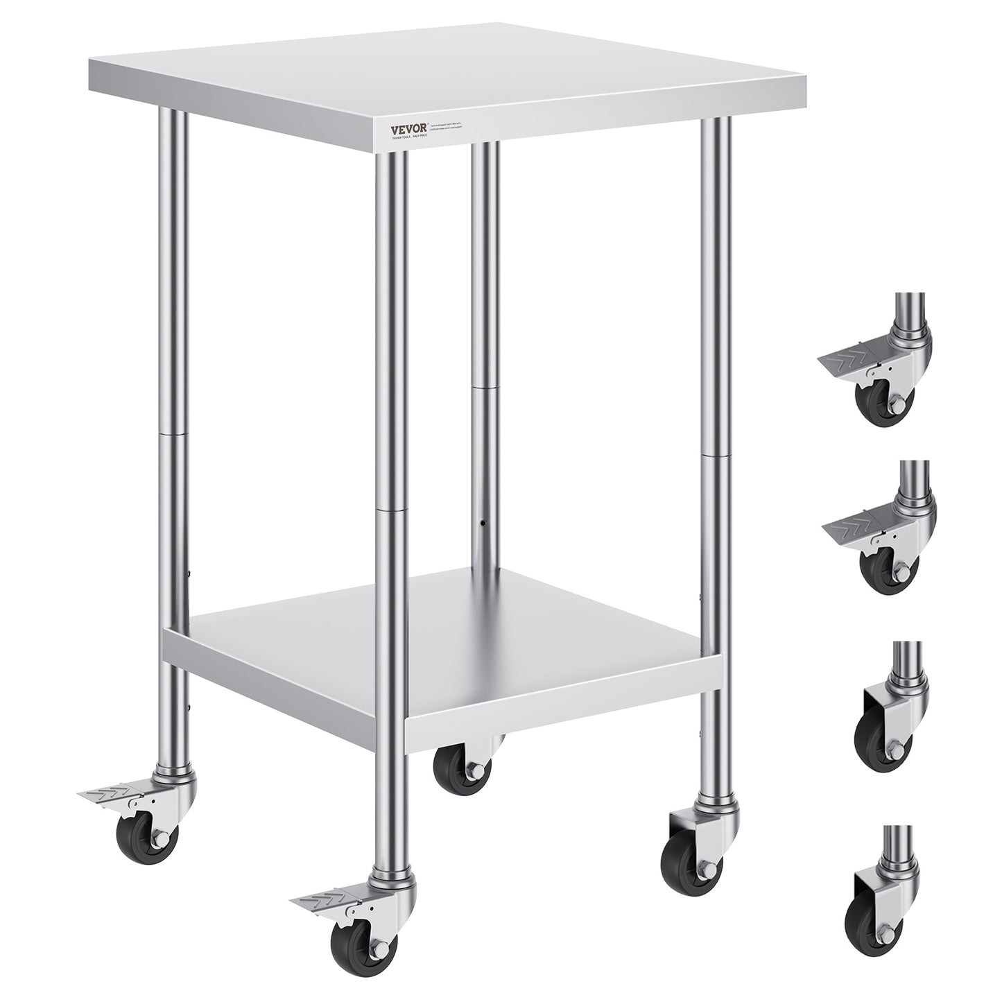 RVS Werktafel – Werkbank – Keukentafel – Inpaktafel – Werkoppervlak – Roestvrij Staal – 60x60 cm – 4 Zwenkwielen Met Rem