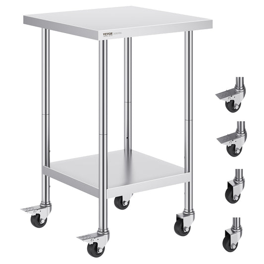 RVS Werktafel – Werkbank – Keukentafel – Inpaktafel – Werkoppervlak – Roestvrij Staal – 60x60 cm – 4 Zwenkwielen Met Rem