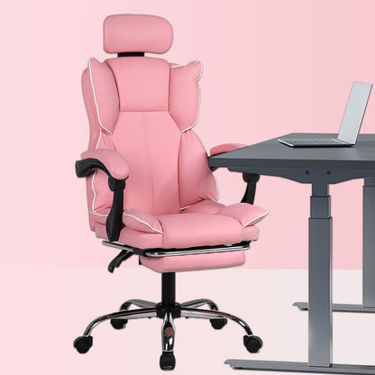 Bureaustoel – Kantoorstoel – Draaistoel – Gamestoel – Stoel Met Voetensteun – Hoge Rugleuning – Met Metalen Frame – Sponge Zitkussen – Roze
