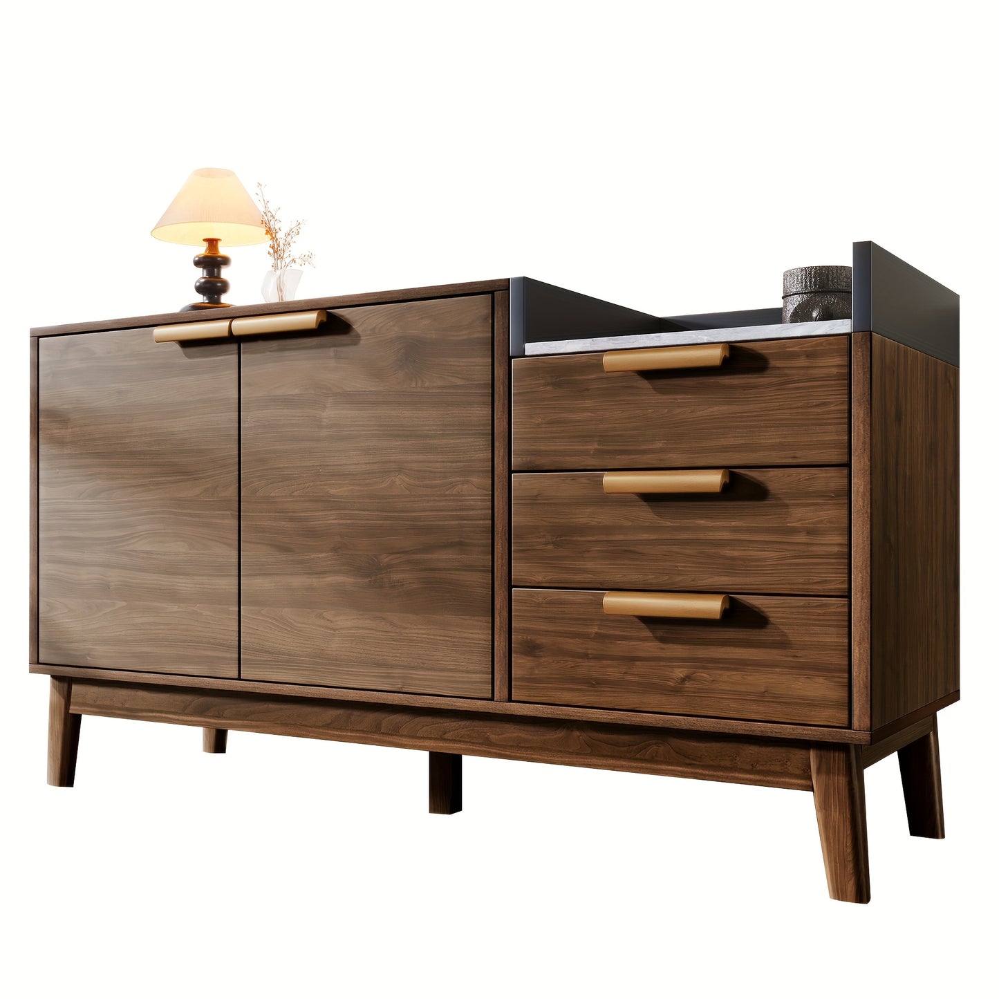 Modern Oak Grain Living Room Storage Cabinet with Marbleized Countertop, 3 Drawers & Double Door Cabinet - Heavy-Duty Metal Construction, Adjustable Height Shelves, Robot Vacuum Friendly, Spacious Storage (≥3.2 Cu Ft), Cont