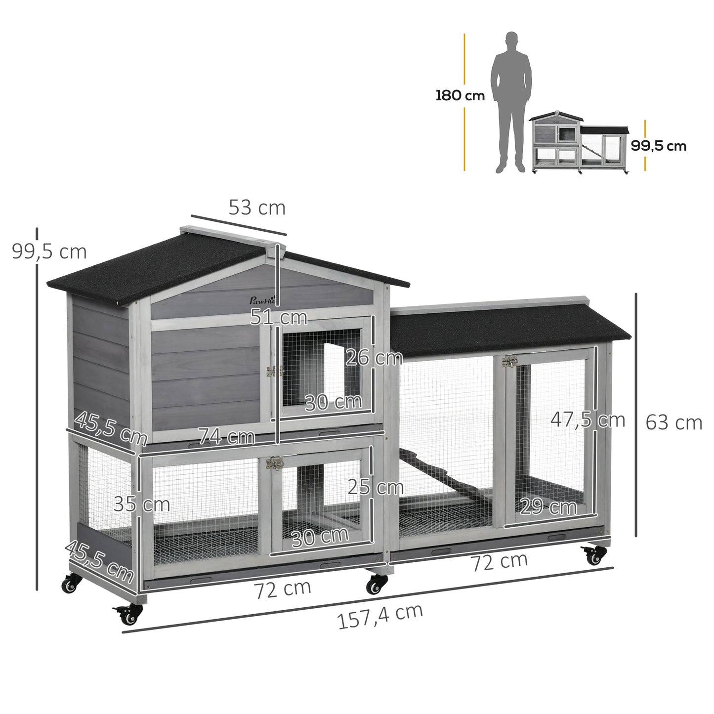 Konijnenhok – Konijnenren – Knaagdierenhok – Dierenverblijf – Houten Kooi – Met Wieltjes – 2 Verdiepingen – 3 Schuifladen – 157,4x53x99,5 cm – Grijs