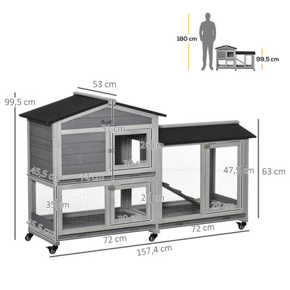 Konijnenhok – Konijnenren – Knaagdierenhok – Dierenverblijf – Houten Kooi – Met Wieltjes – 2 Verdiepingen – 3 Schuifladen – 157,4x53x99,5 cm – Grijs