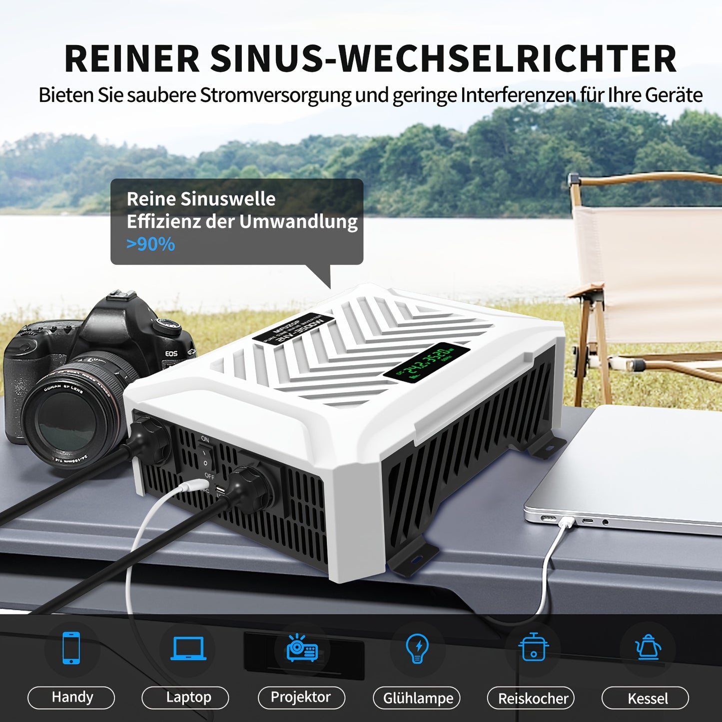 Omvormer – Spanningsomvormer – Stroomomzetter – Inverter – Converter – 3500W Zuivere Sinusgolf – 2x EU Stopcontact USB Type-C & LCD Display