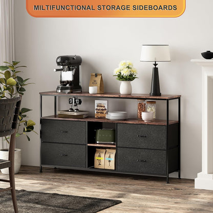 Vintage Dressoir – Ladekast – Opbergkast – Sideboard – Mediameubel – Zwart Metalen Frame – 3 Lades & 4 Open Vakken – Duurzaam MDF & Hout