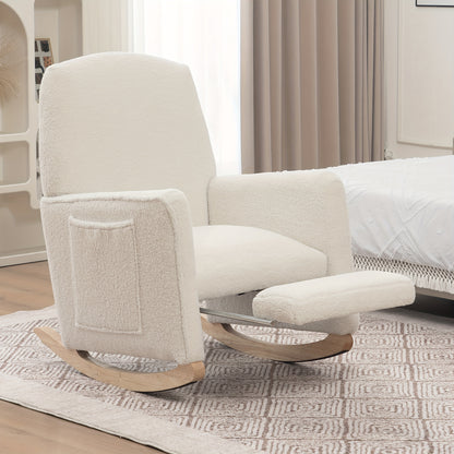 Lounge Schommelstoel – Relaxstoel – Fauteuil – Woonkamerstoel – Schommelstoel Met Voetenbankje – Wit – Hardhouten Frame – Zachte Teddy Bekleding