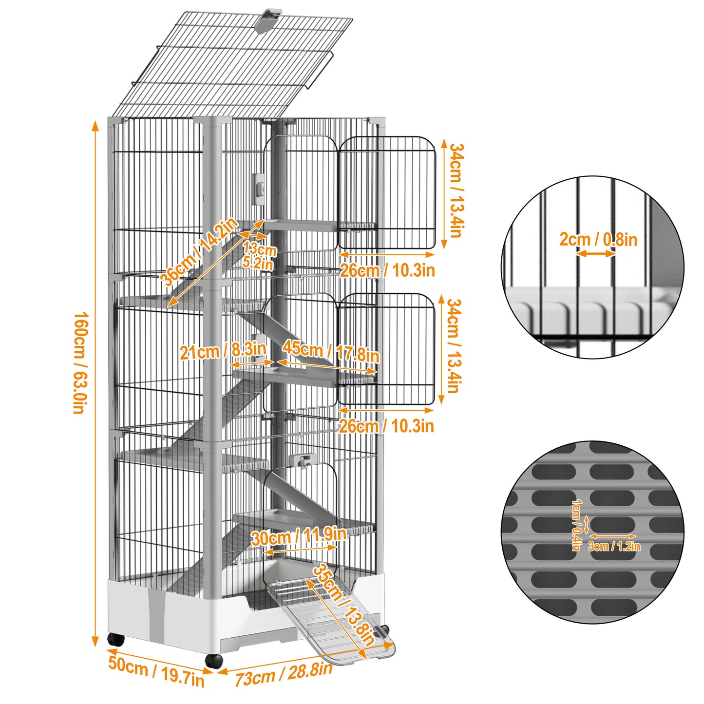 3-Tier Mobile Rabbit Hutch with Removable Ramp & Wheels - Durable Metal & Plastic Pet Cage for Rabbits, Guinea Pigs, Puppies - Spacious Multi-Level Design with Ventilated Mesh, Easy Assembly, White/Grey (73x50x68cm), Rabbit H
