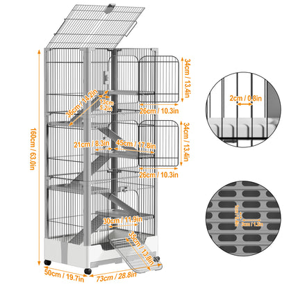 3-Tier Mobile Rabbit Hutch with Removable Ramp & Wheels - Durable Metal & Plastic Pet Cage for Rabbits, Guinea Pigs, Puppies - Spacious Multi-Level Design with Ventilated Mesh, Easy Assembly, White/Grey (73x50x68cm), Rabbit H