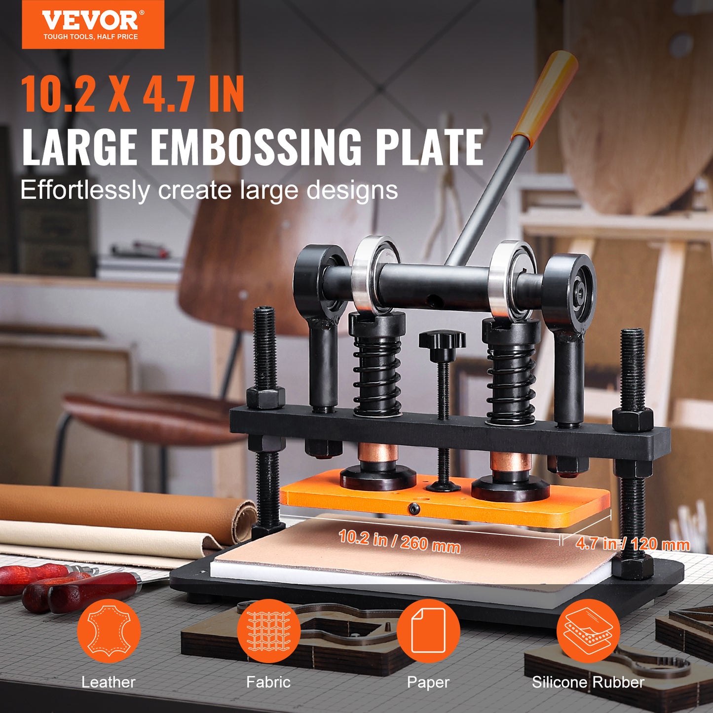 VEVOR Leather Cutting Machine, 25.9 x 12 cm Embossing Plate Manual Die Cutter, 1.2 cm Pressure Stroke Leather Embossing Machine, Dual Guide Shafts Die Cut Machine for Various of Materials