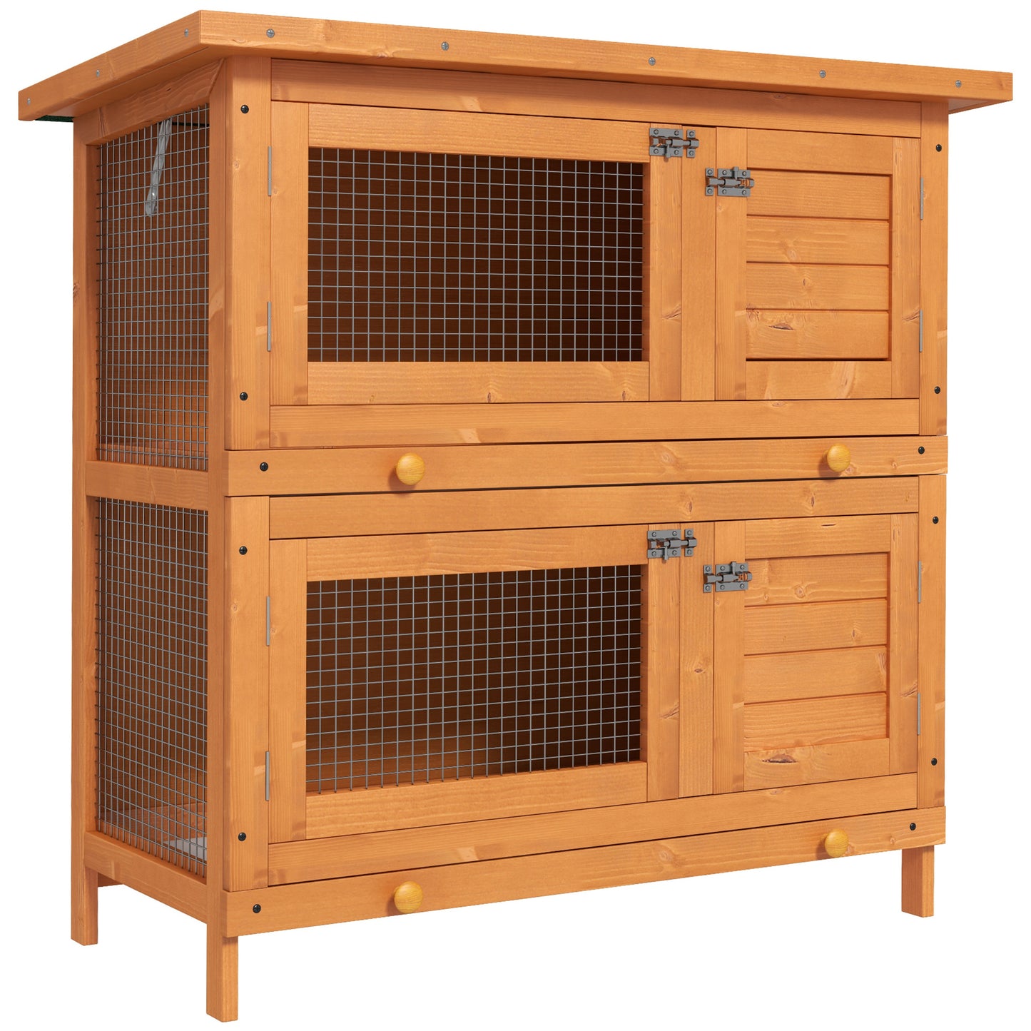 Konijnenhok – Knaagdierverblijf – Kleine dierenkooi – Buitenhok – Vurenhouten hok met dak – 2 Verdiepingen – 4 Slotdeuren – Uitschuifbare Ladebakken – Afmetingen 90x45x90 cm