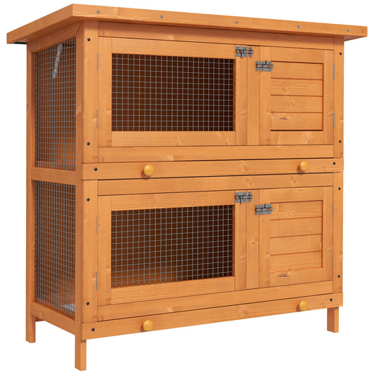 Konijnenhok – Knaagdierverblijf – Kleine dierenkooi – Buitenhok – Vurenhouten hok met dak – 2 Verdiepingen – 4 Slotdeuren – Uitschuifbare Ladebakken – Afmetingen 90x45x90 cm