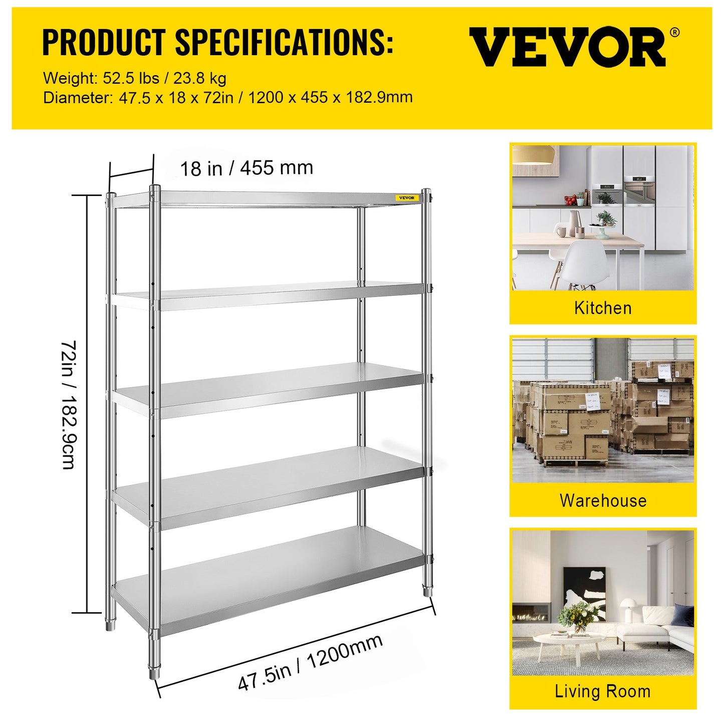Stalen Opbergrek – RVS Rek – Opslagrek – Stellingkast – Garage Rek – 5 Verstelbare Planken – Hoog Draagvermogen 150 kg Per Plank
