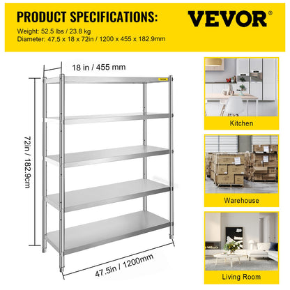 Stalen Opbergrek – RVS Rek – Opslagrek – Stellingkast – Garage Rek – 5 Verstelbare Planken – Hoog Draagvermogen 150 kg Per Plank