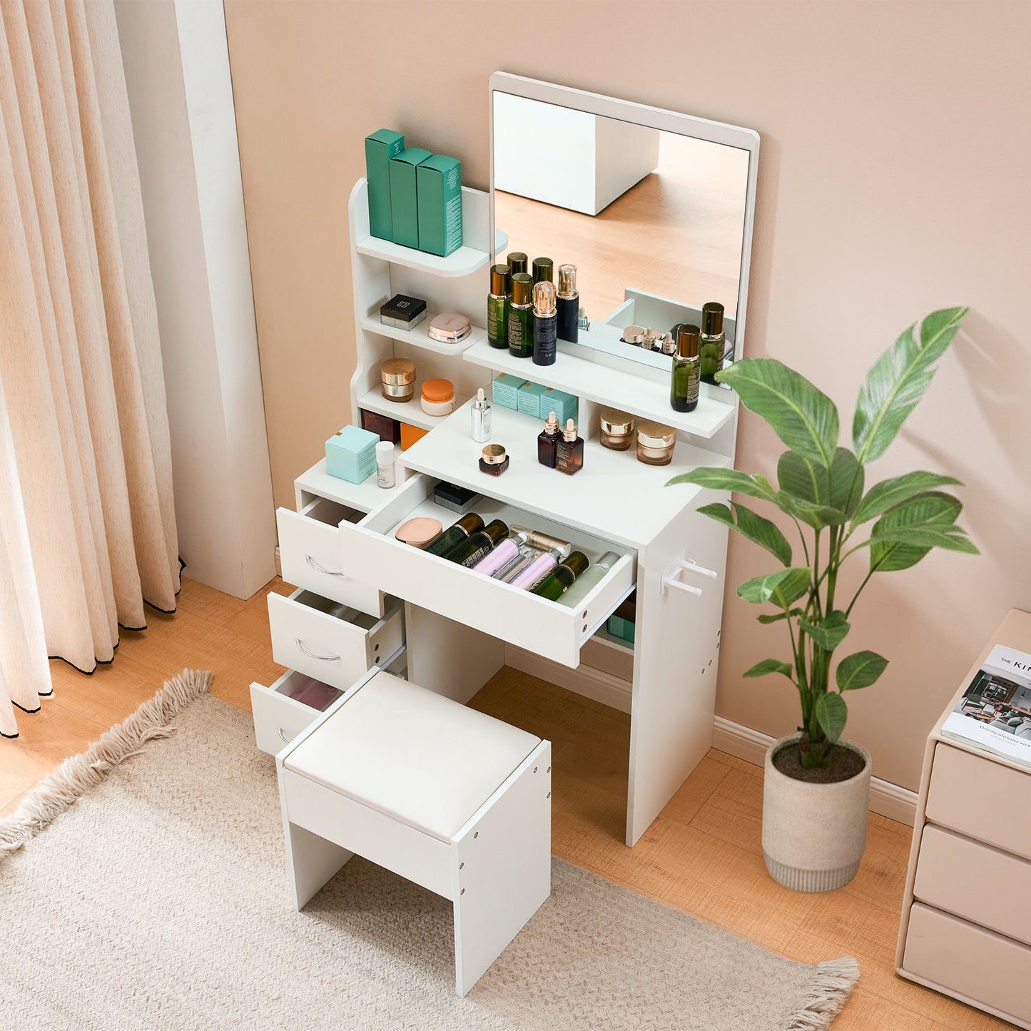 Kaptafel – Make-up Tafel – Dressing Table – Schminktisch – Vanity Table – Wit – 4 Laden Opbergruimte – Ingebouwde Föhnhouder