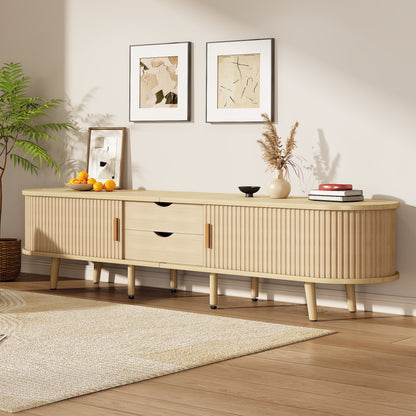 TV Meubel – TV Kast – Lowboard – Dressoir – Media Meubel – Modern Ovaal Design – 175x40x42 CM Mdf – Lichte Walnoot Met 2 Lades en Schuifdeuren