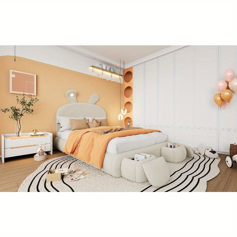 Beige Velvet Opbergbed – Bed Frame Met Opbergruimte – Tweepersoonsbed – Slaapbank – Bed Met Hoofdbord – 140x200 cm – Met Warm Verstelbaar Licht – Inclusief 2 Krukken