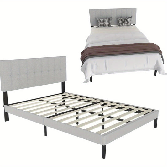 Bedframe – Bed – Slaapbed – Ledikant – Boxspring – Lichtgrijs Linnen – 140x200 cm – Stevig Multiplex – Comfortabele Hoofdbord