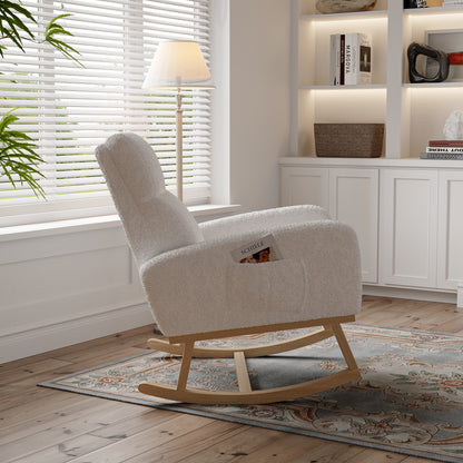 Schommelstoel – Schommelstoel Woonkamer – Relaxstoel – Schommelstoel Met Voetensteun – Lounge Stoel Wit – Wit Schapenvacht – Anti-Slip Voetjes – Comfortabele Zitting