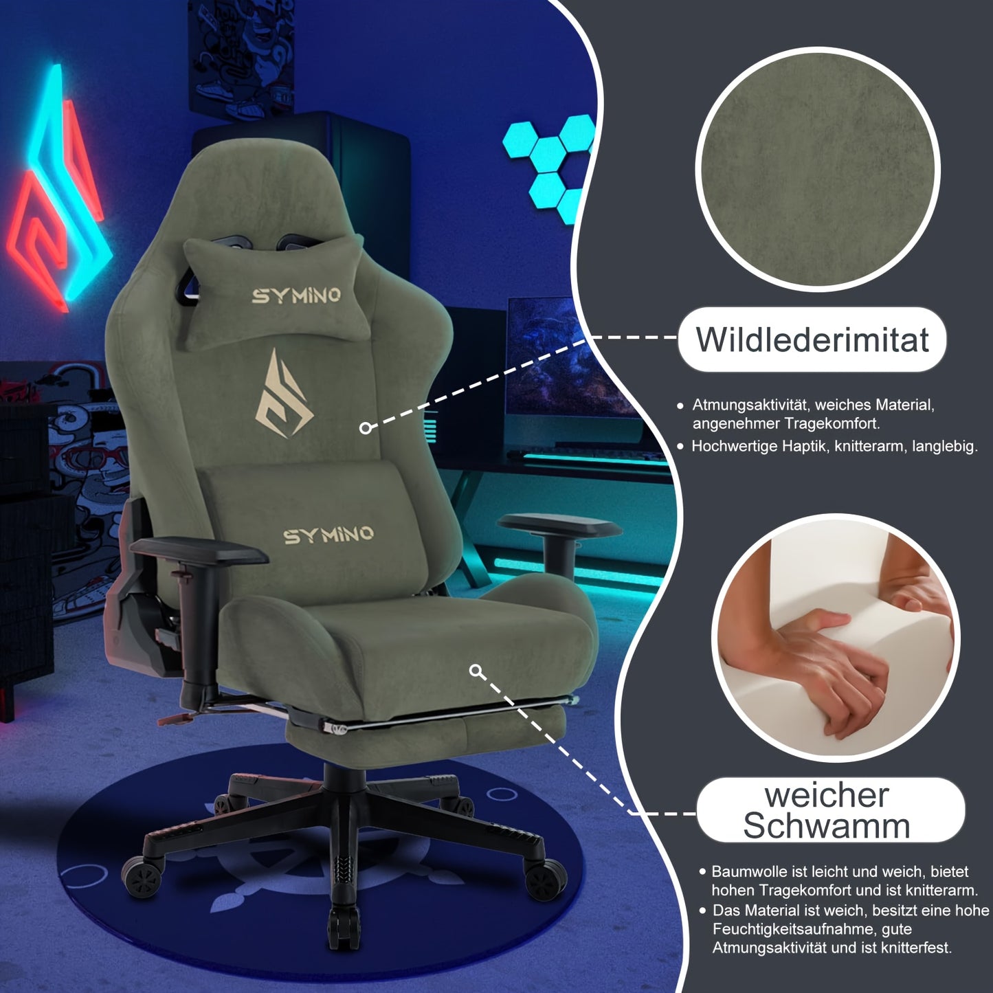 Ergonomische Gamingstoel – Bureaustoel – Gamestoel – Office Chair – Draaistoel – Met Voetensteun & Lendensteun – Memory Foam Kussen & Metalen Frame – Handmatige Verstelbare Rugleuning