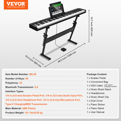 88 Toets Vouwbaar Keyboard – Draagbaar Piano Keyboard – MIDI Keyboard – Elektronische Piano – Opvouwbaar Keyboard – Bluetooth 5.0 Connectivity – Verstelbare Standaard