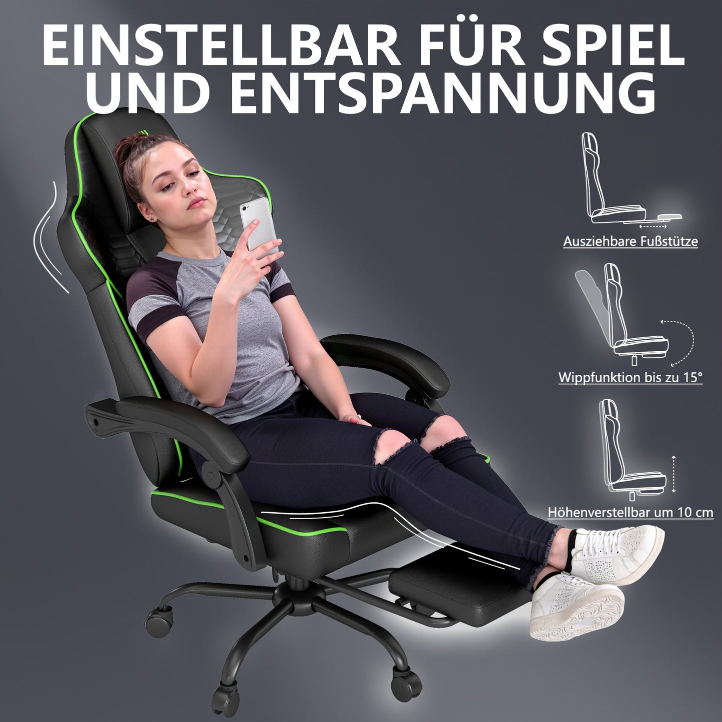 Gamingstoel – Gamestoel – Gaming Chair – Bureaustoel – Game Stoel – Ergonomisch – Verstelbare Rugleuning – 360° Draaibaar – Max 150 kg – Groen
