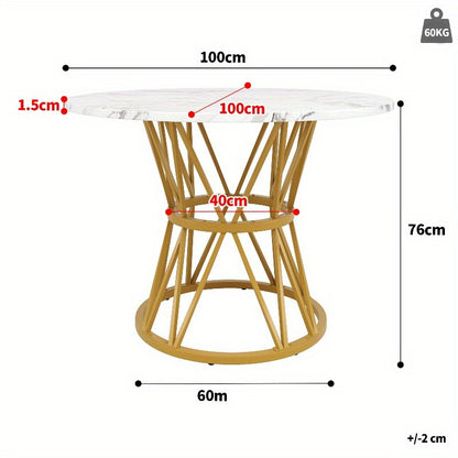 Modern Round Dining Table with Marble Look Top & Golden Metal Legs - White & Golden Marble Pattern Kitchen Table, Space-Saving 100cm Round Table for Small Spaces, Sturdy MDF-Free Metal Base, Easy-Clean Surface, Classic Contem