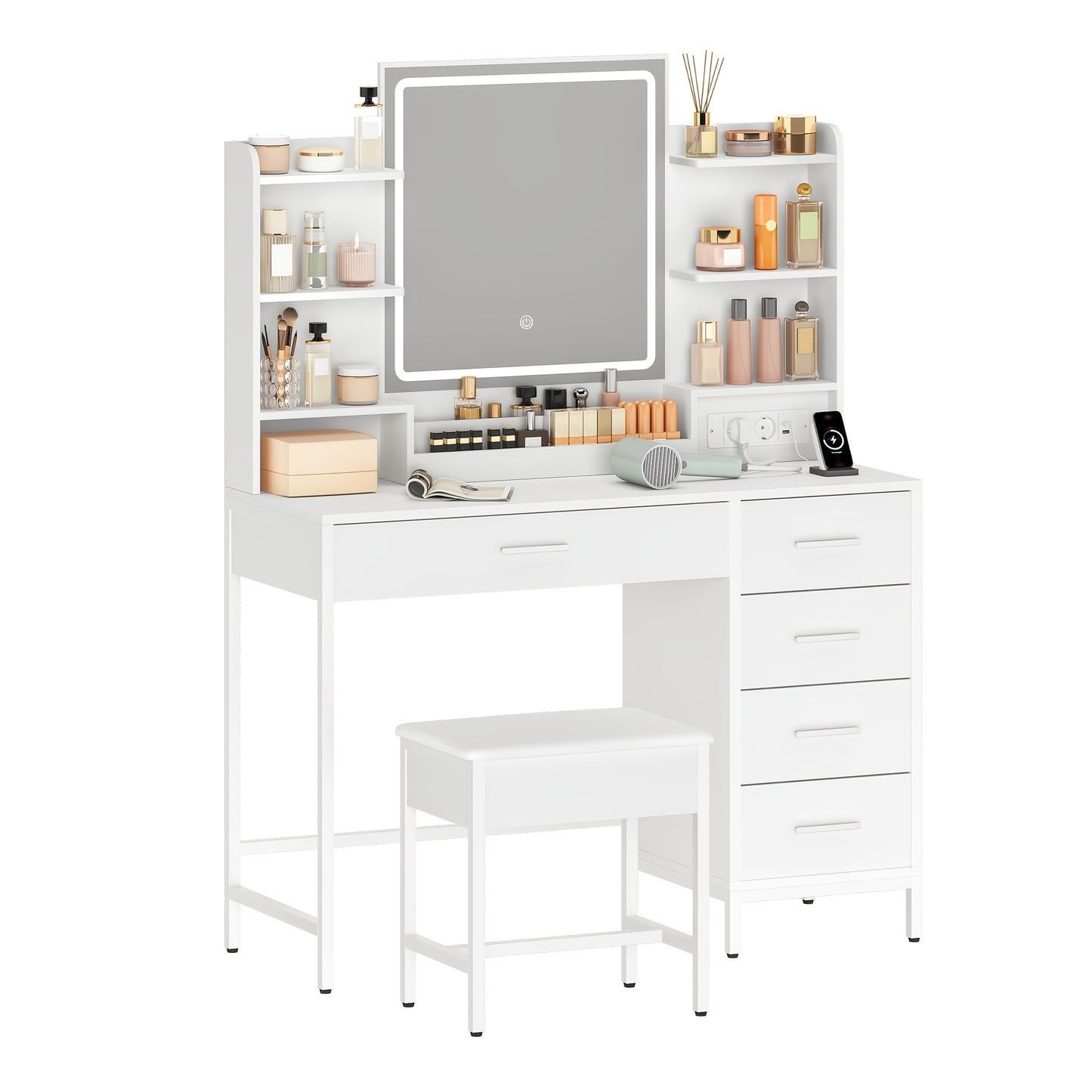Dressing Table, With Padded Stool, HD Mirror And Adjustable LED Lights, Socket And USB, 5 Drawers, Open Storage Compartment, Simplicity, Mounted Closet Systems