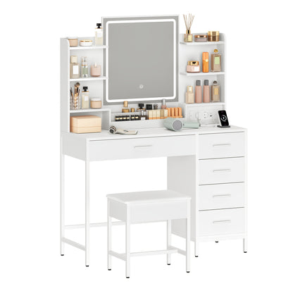 Dressing Table, With Padded Stool, HD Mirror And Adjustable LED Lights, Socket And USB, 5 Drawers, Open Storage Compartment, Simplicity, Mounted Closet Systems