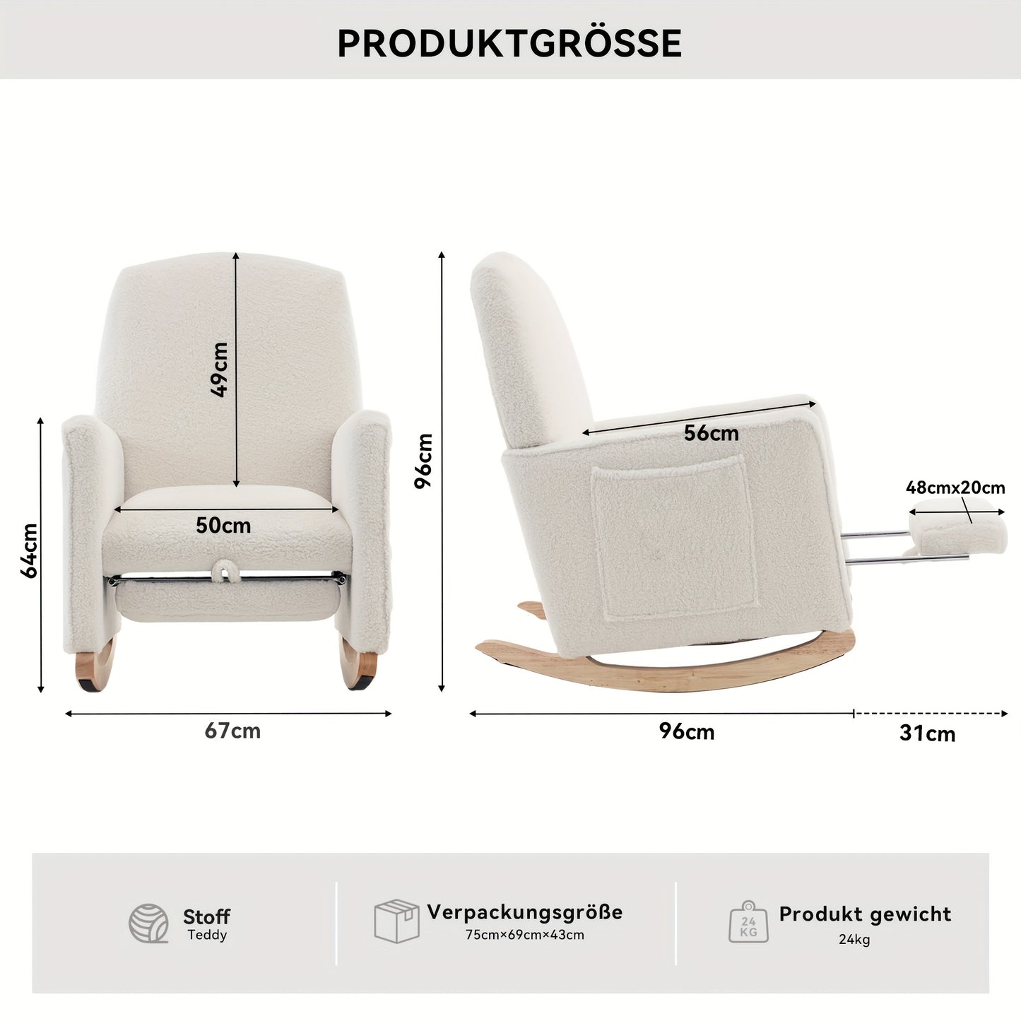 White Teddy Cloth High-Back Reclining Rocking Chair with Footstool - Plush Cushioned Metal Frame, Solid Back Support & Easy Assembly for Living Room, Bedroom, Office - No Electricity Needed, Recliner Chair, Bedroom Seating, E