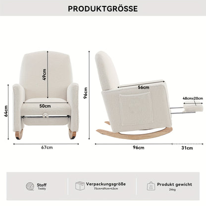 White Teddy Cloth High-Back Reclining Rocking Chair with Footstool - Plush Cushioned Metal Frame, Solid Back Support & Easy Assembly for Living Room, Bedroom, Office - No Electricity Needed, Recliner Chair, Bedroom Seating, E
