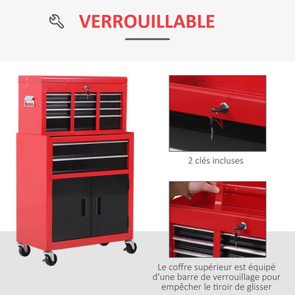 Gereedschapswagen – Werkplaatswagen – Gereedschapstrolley – Gereedschapskar – Gereedschapskast – 6 Lades + Afneembare Gereedschapskist – Stalen Constructie – Rood/Zwart