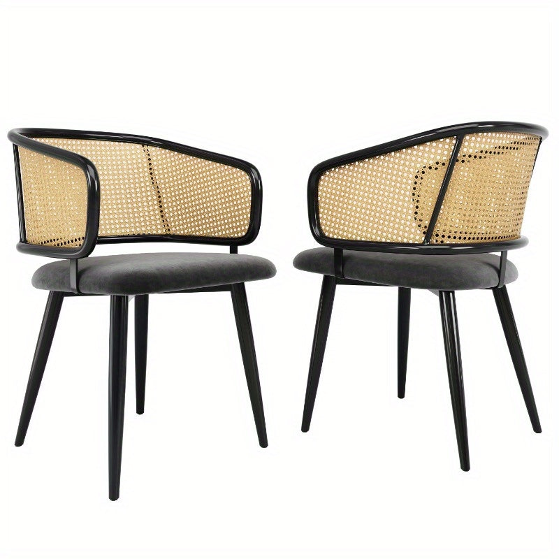 Eetkamerstoel – Stoel – Dining Chair – Keukenstoel – Caféstoel – Set Van 2 Stoelen – Fluwelen Zitting Met Rieten Rugleuning – Stevig Metalen Frame