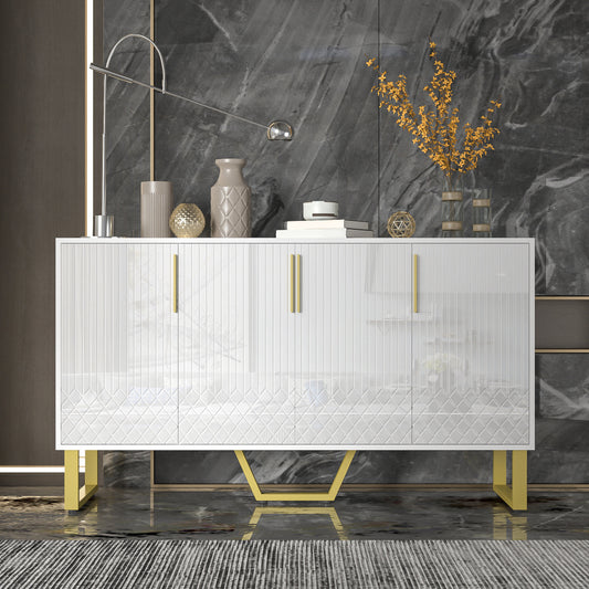 Dressoir – Opbergkast – Ladekast – Commode – Buffetkast – Wit – 4 Deuren – Volledig Gemonteerd – Metalen Handgrepen en Poten