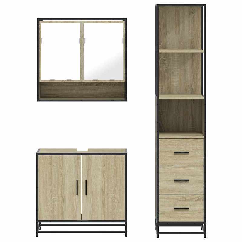 Badkamermeubelset – Badkamerkast – Wastafelkast – Ladekast – Spiegel – Variant Braun – Sonoma Eikenhout – Compact & Duurzaam
